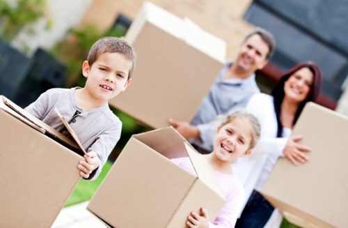 Organized moving boxes labeled for a Westkensington relocation